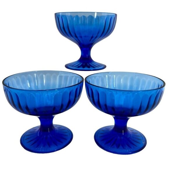 3 Vintage Hazel Atlas Aurora Colbalt Blue Footed Coupes Dessert Bowl Depression - Picture 1 of 6